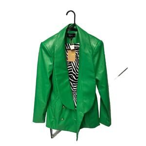 NWT Brand Label Green Faux Leather Blazer Jacket Zebra Lining Statement M
